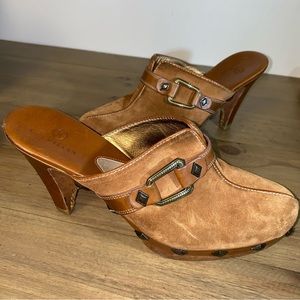 Cole Haan Brown Suede Leather Studded Slides Heels Mules Womens Size 8.5 B